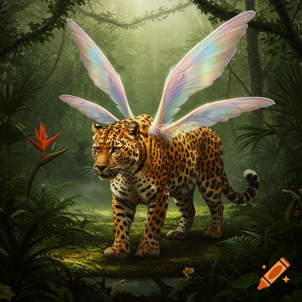 A photorealistic leopard with iridescent fairy wings walks through a lush, sunlit jungle.