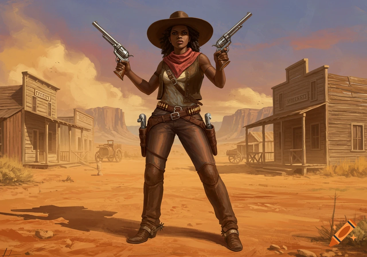 A defiant Black woman gunslinger stands with two revolvers in a dusty Old West town, surrounded by wooden buildings and desert mountains.