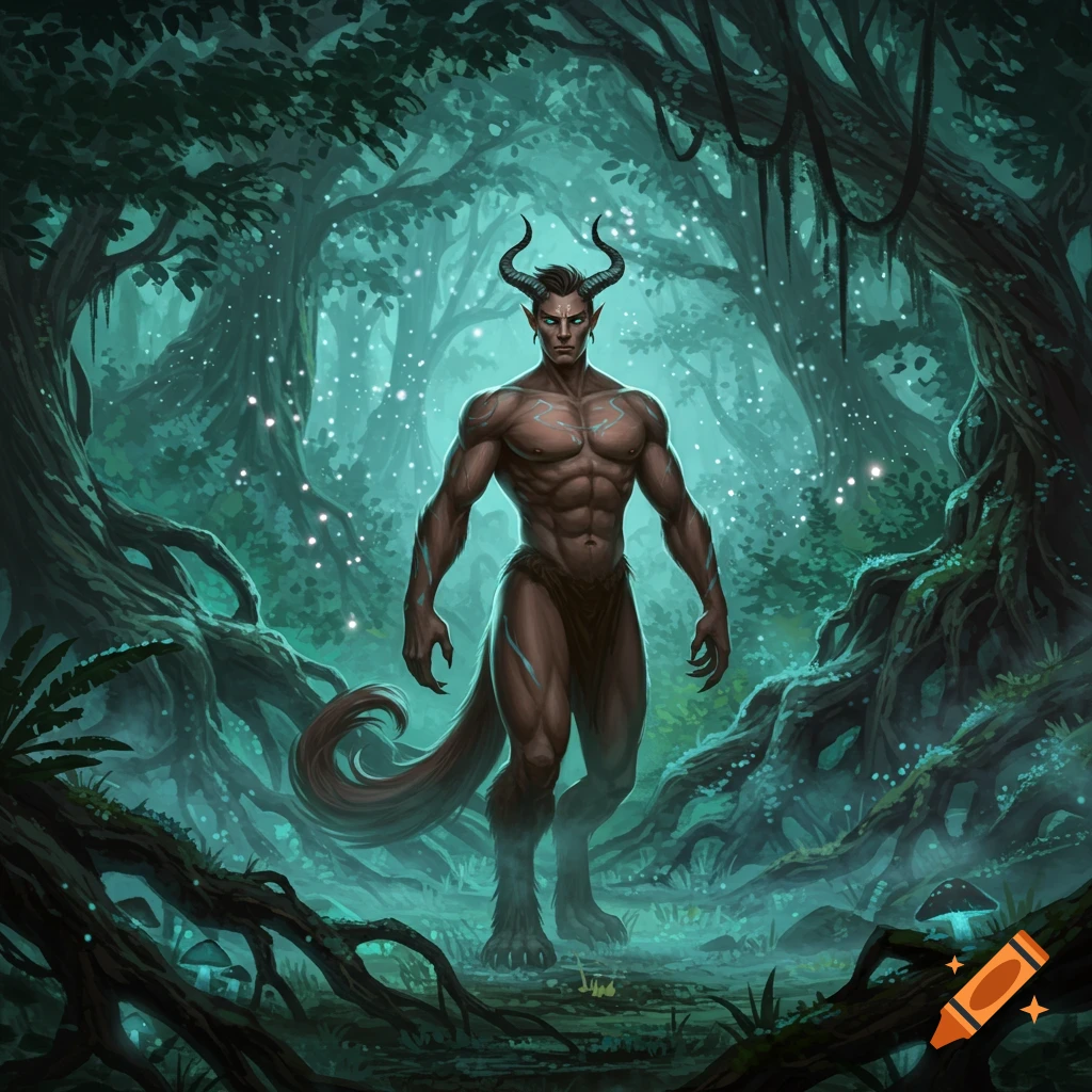 A muscular, horned faun-like creature with a tail and blue markings stands in a glowing, dark forest.