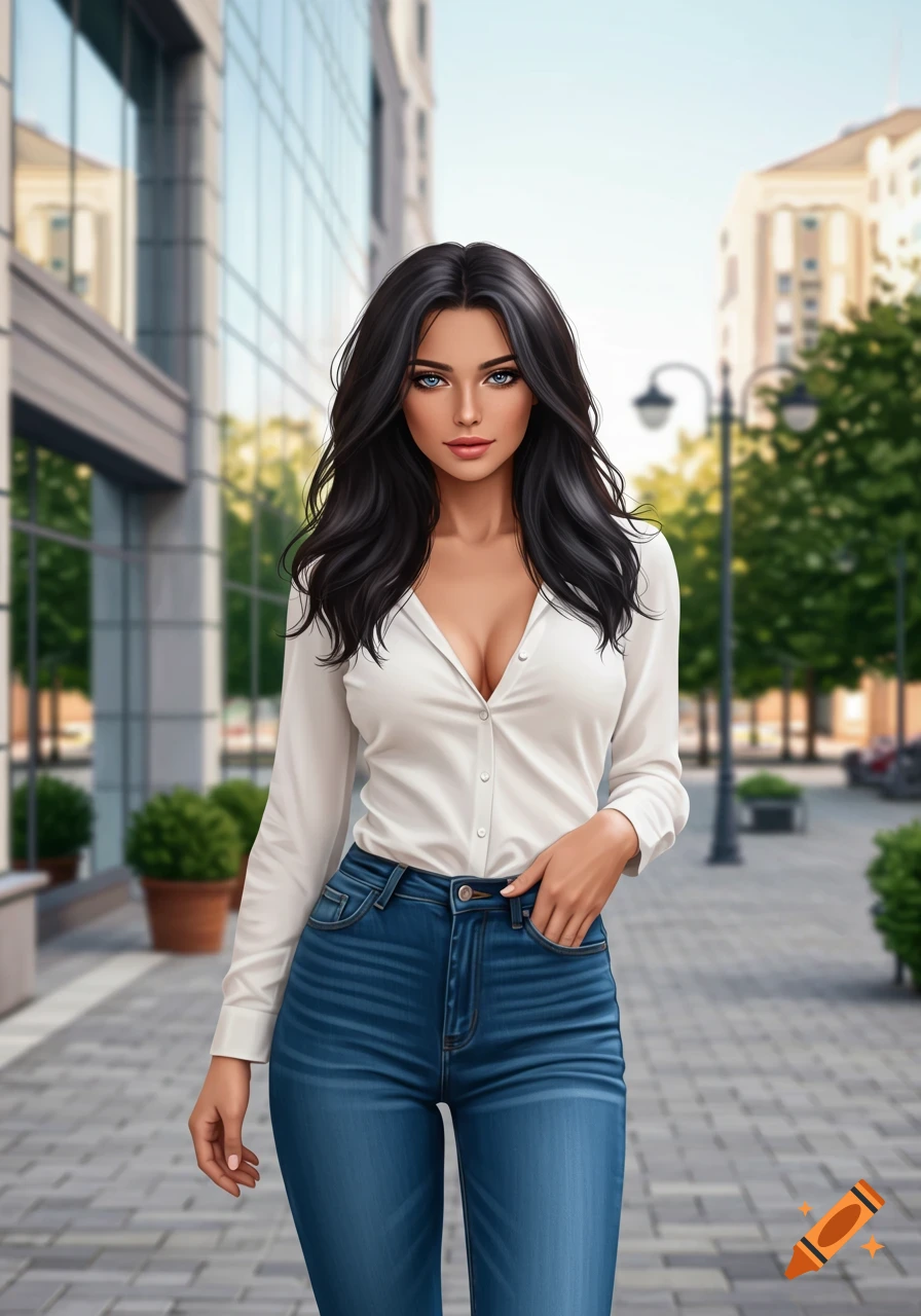 An animated woman with long black hair and blue eyes, wearing a white shirt and jeans, stands on a city street.