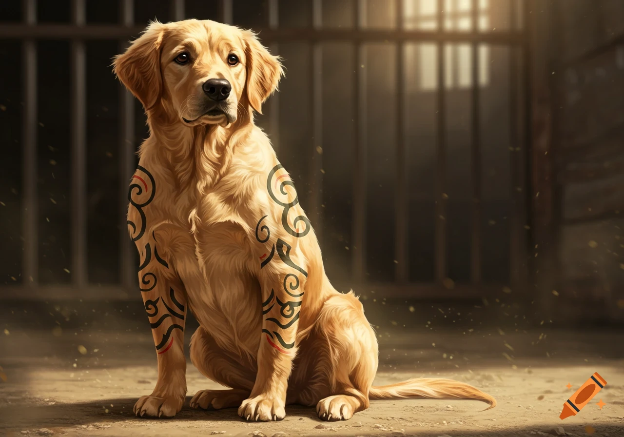 A photorealistic golden retriever with black and red swirling tattoos on its legs and shoulders sits on a concrete floor in a dimly lit room with barred windows.