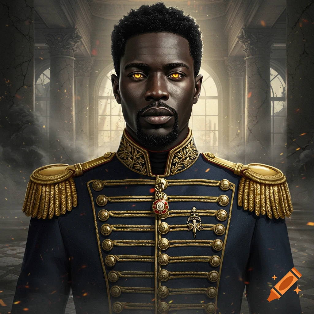 Photorealistic portrait of a Black man with golden eyes in a detailed military uniform standing in a ruined hall.