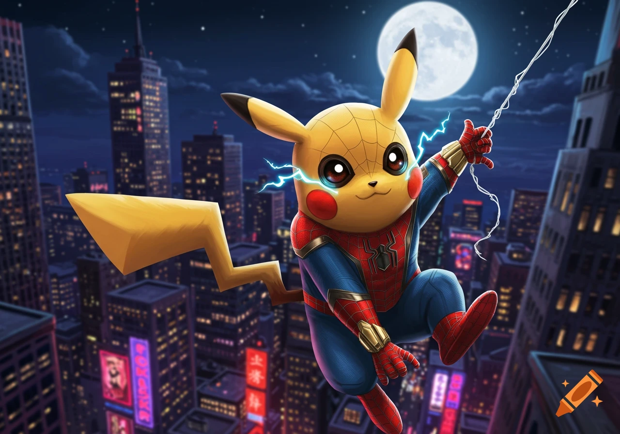 Pikachu dressed as Spider-Man swings through a city at night, under a full moon.