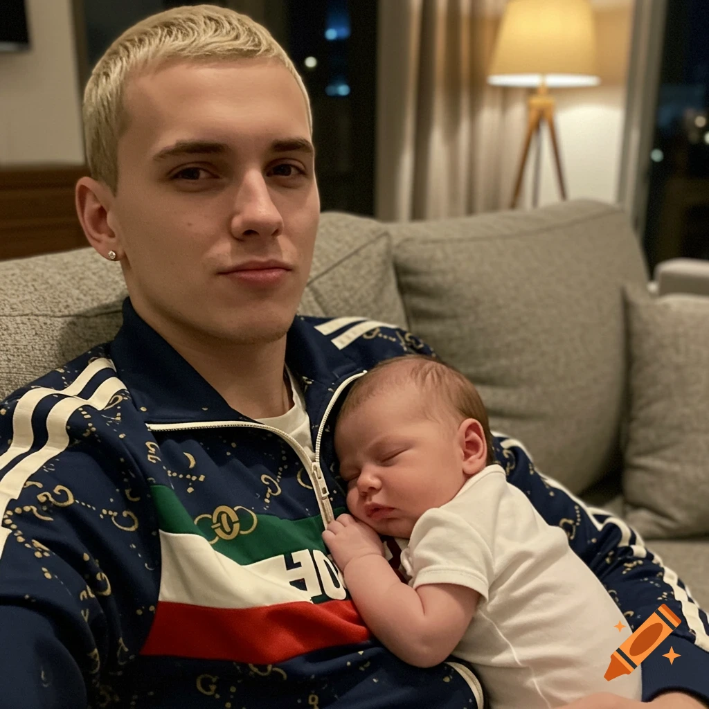 A man with blonde hair sits on a couch, holding a sleeping baby on his chest. He wears a navy Gucci tracksuit jacket.