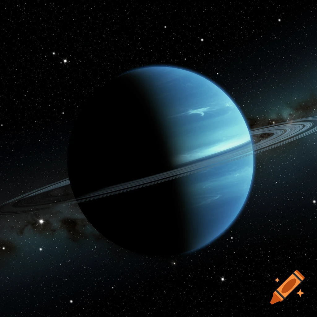 A blue-green gas giant planet with prominent rings in deep space, partially illuminated against a starry background.