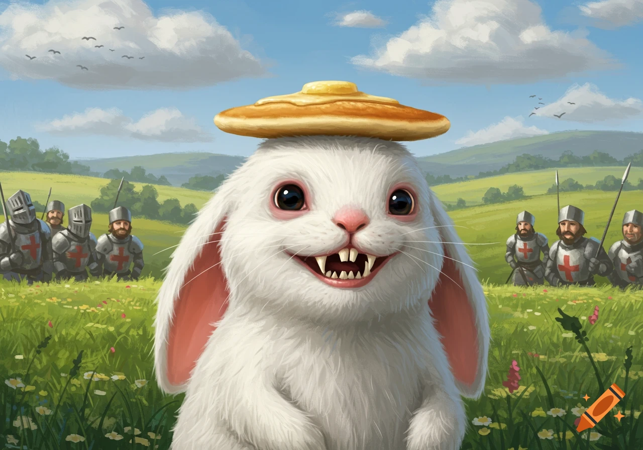 A fluffy white rabbit with large teeth and a pancake hat stands in a green field with knights in the background under a blue sky.
