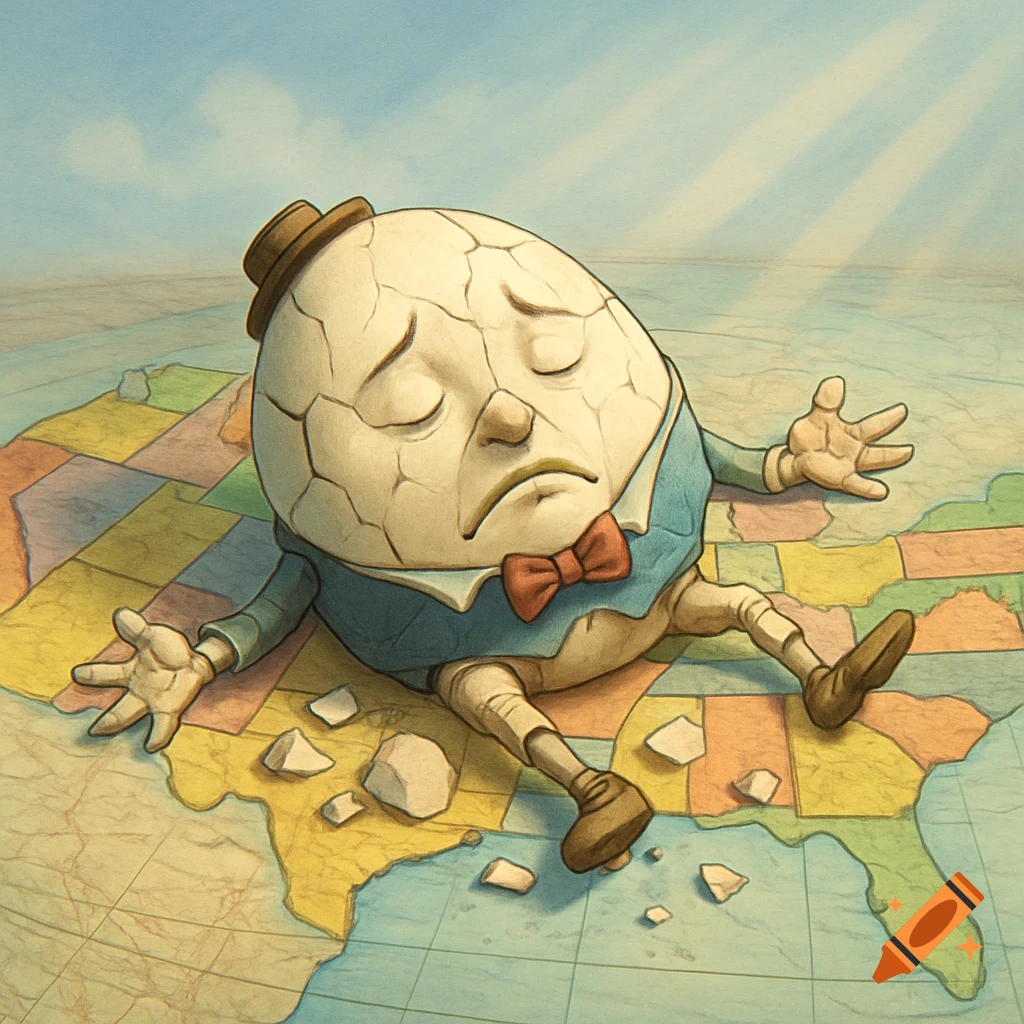 A cracked Humpty Dumpty lies despondently on a large map of the United States.