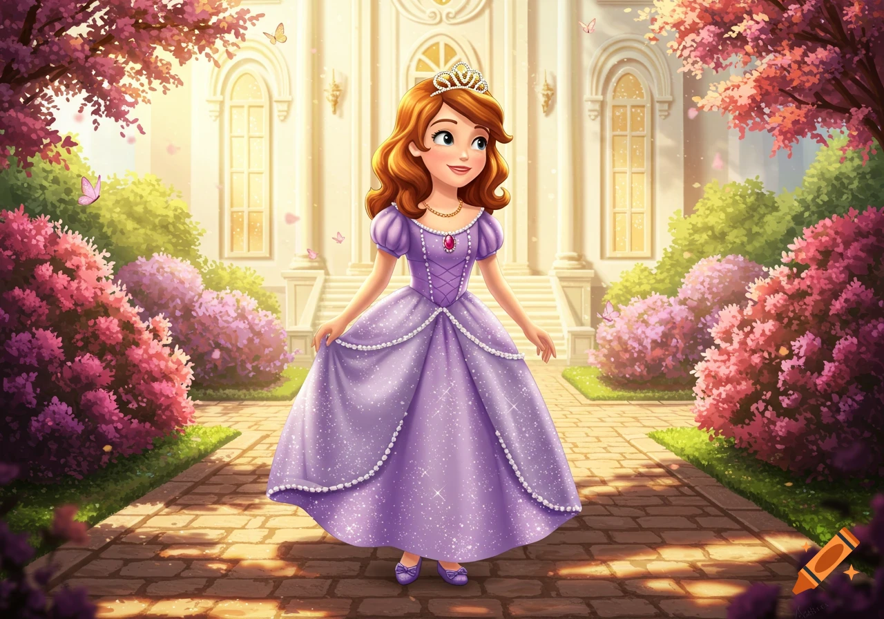 Animated princess Sophia in a purple gown and tiara stands in a sunlit garden with a castle and flowering bushes.