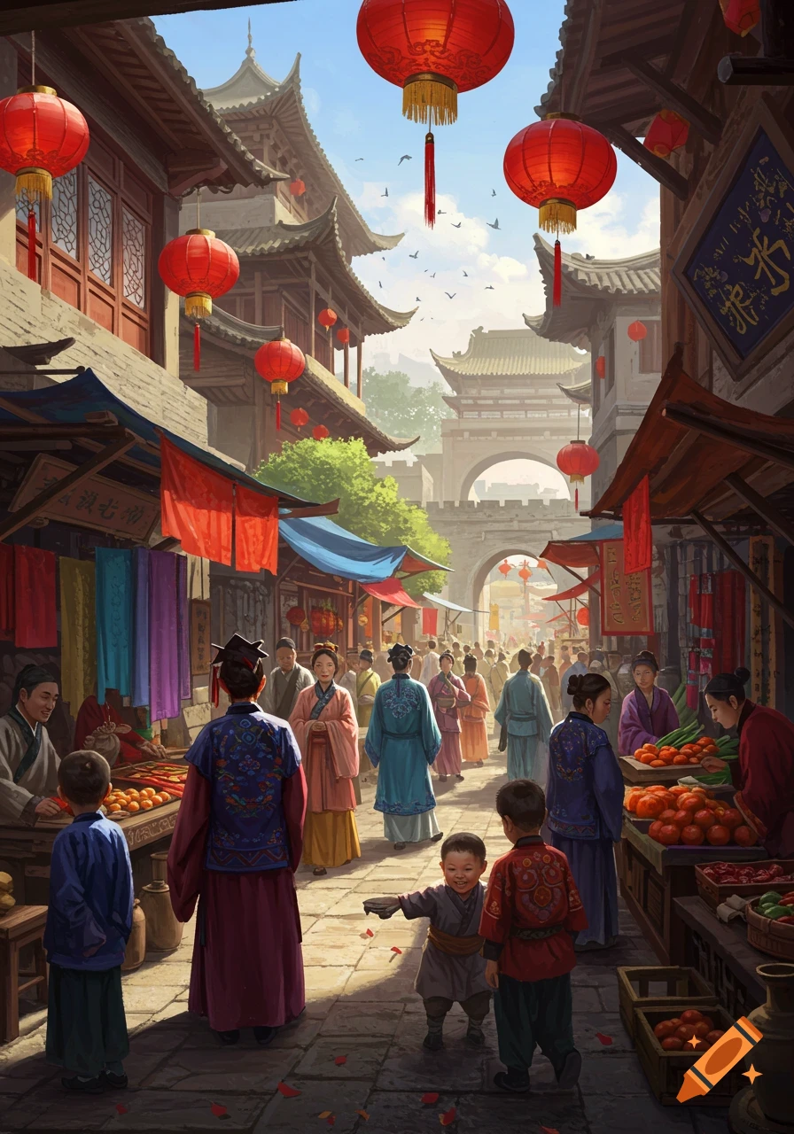 A lively market scene in ancient China with people in traditional clothing, bustling stalls, and red lanterns hanging from ornate buildings under a sunny sky.