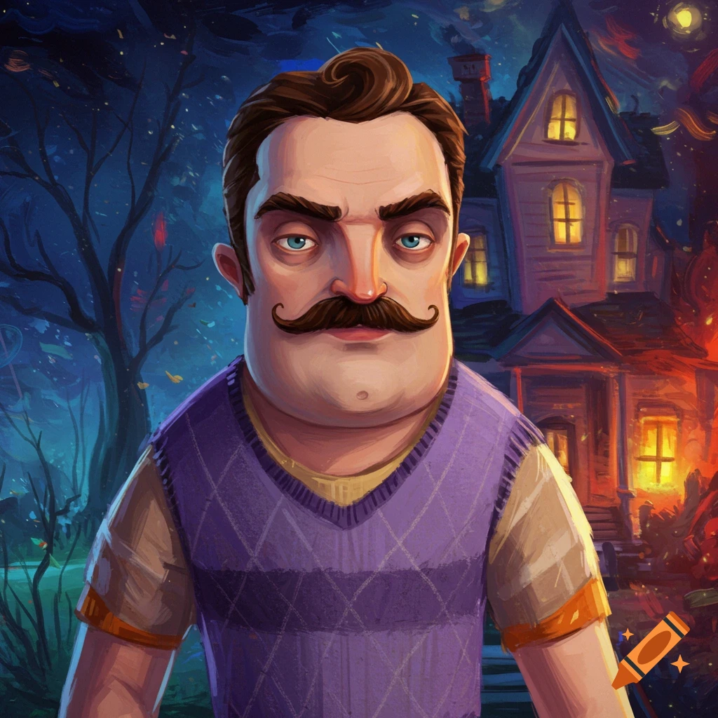 Impressionist style portrait of Theodore Peterson from Hello Neighbor, featuring a distinctive mustache and purple sweater, against a spooky house backdrop at night.