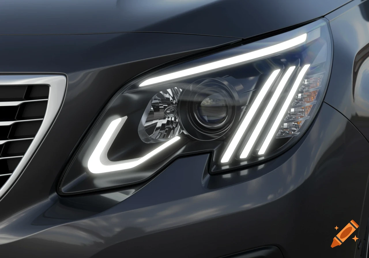 Close-up of a dark grey car's modern headlight with bright white LED daytime running lights and part of the grille.
