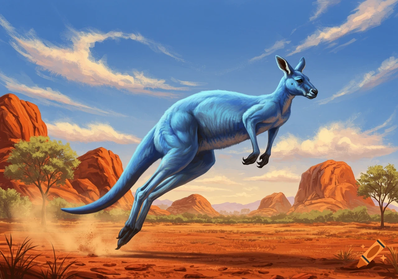 A vibrant blue kangaroo leaps across a reddish-orange desert landscape under a blue sky with clouds.