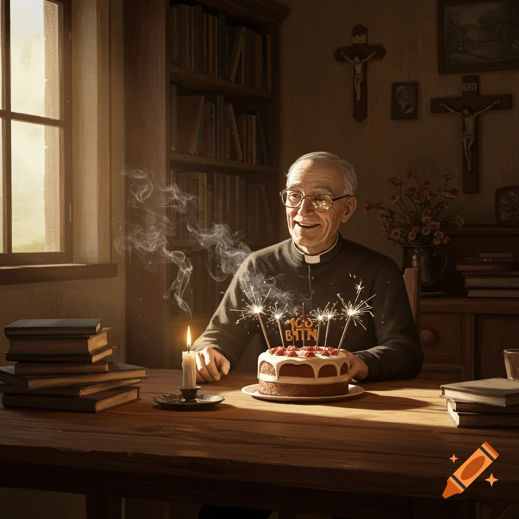 A smiling elderly priest in glasses celebrates his birthday with a cake, lit candle, and sparklers in a dimly lit room with a bookshelf and crucifixes.