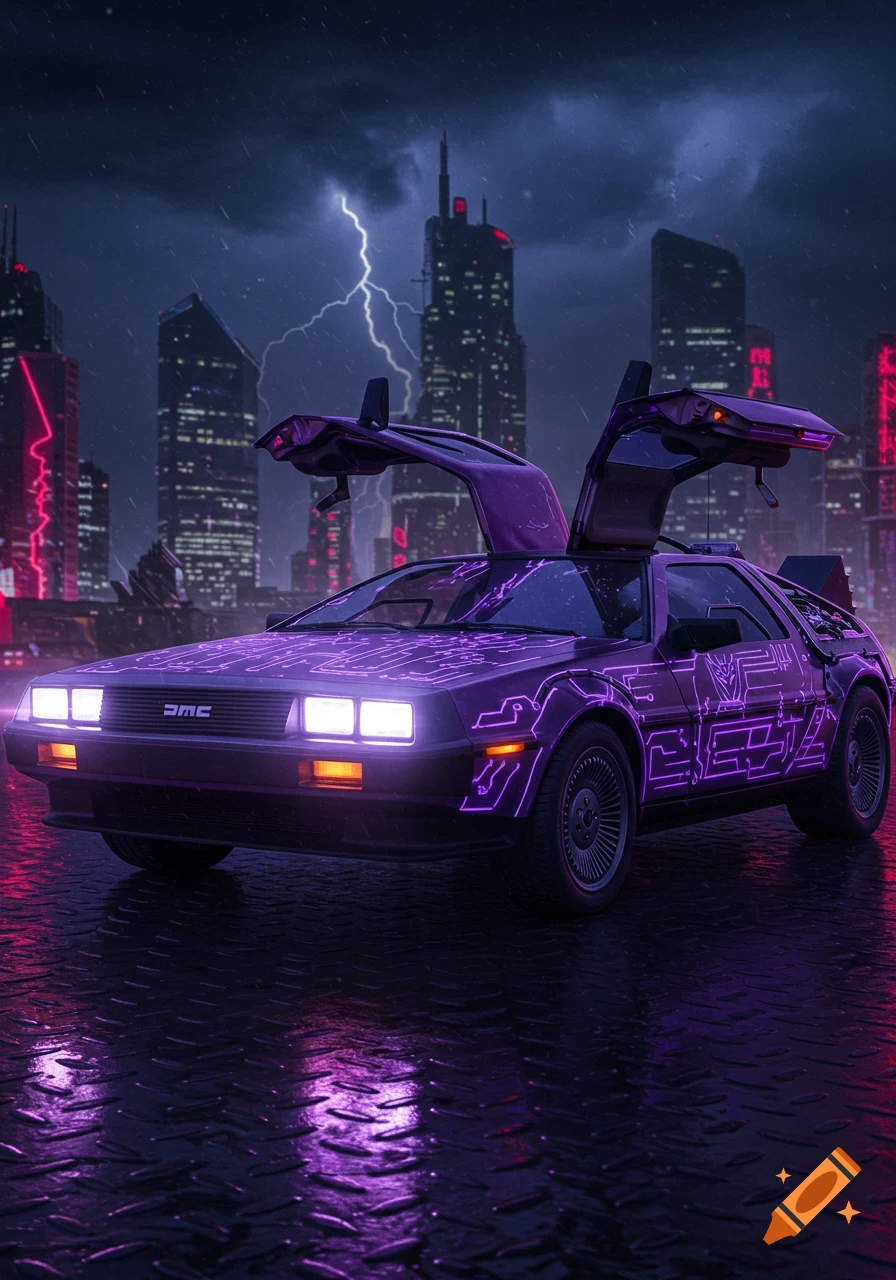 A purple DeLorean with neon circuit patterns and Decepticon symbols, gull-wing doors open, on a wet street in a cyberpunk city with lightning.