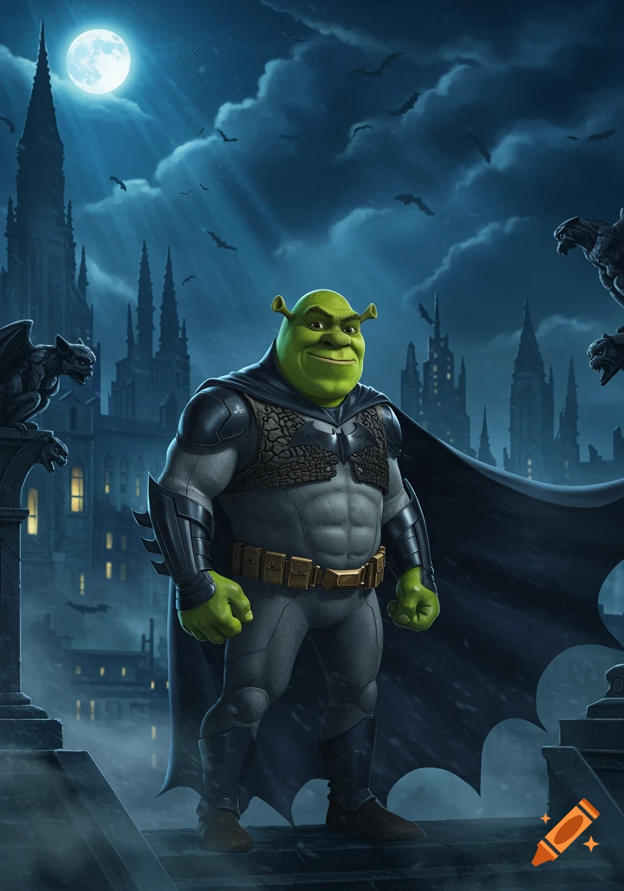 Shrek dressed as Batman stands on a rooftop in a gothic city at night, under a full moon with bats flying in the cloudy sky.
