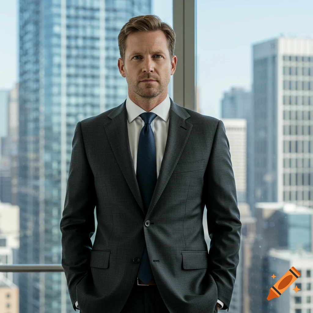 A Caucasian man in a dark grey suit and blue tie stands in an office with a city skyline visible through large windows behind him. He looks directly at the camera.