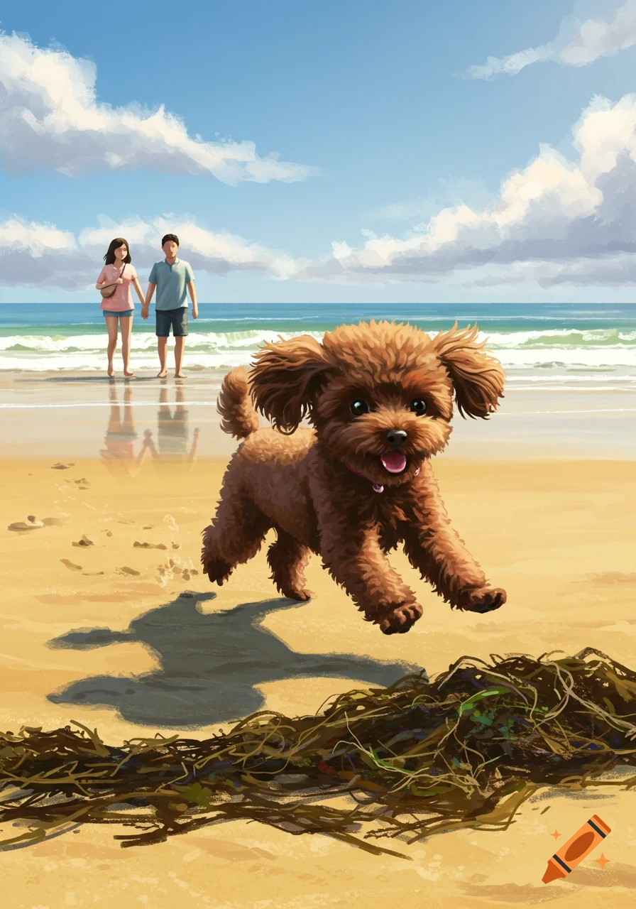 A fluffy brown poodle runs on a sunny beach with a couple in the background.