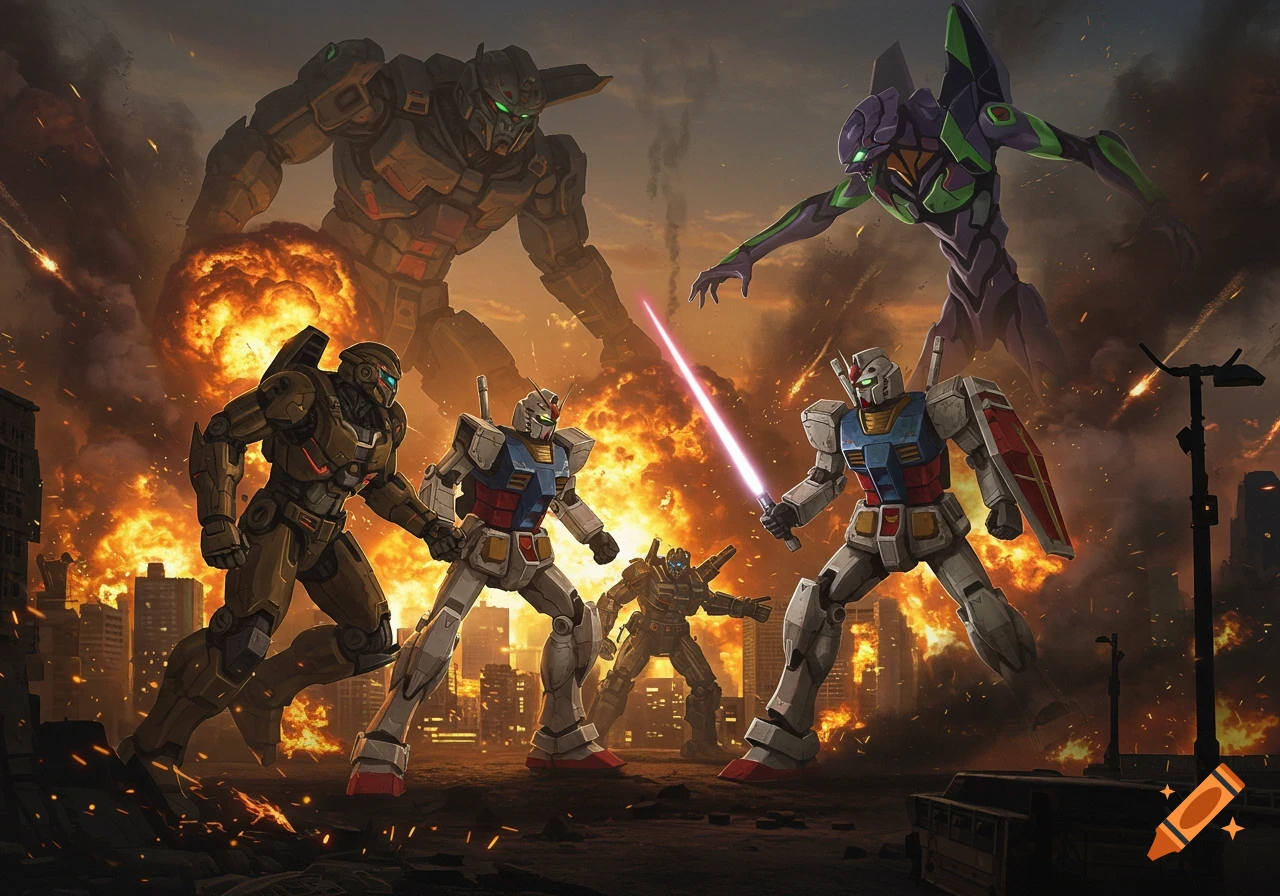 Giant mechs including Gundam and Evangelion battling in a destroyed city with explosions.