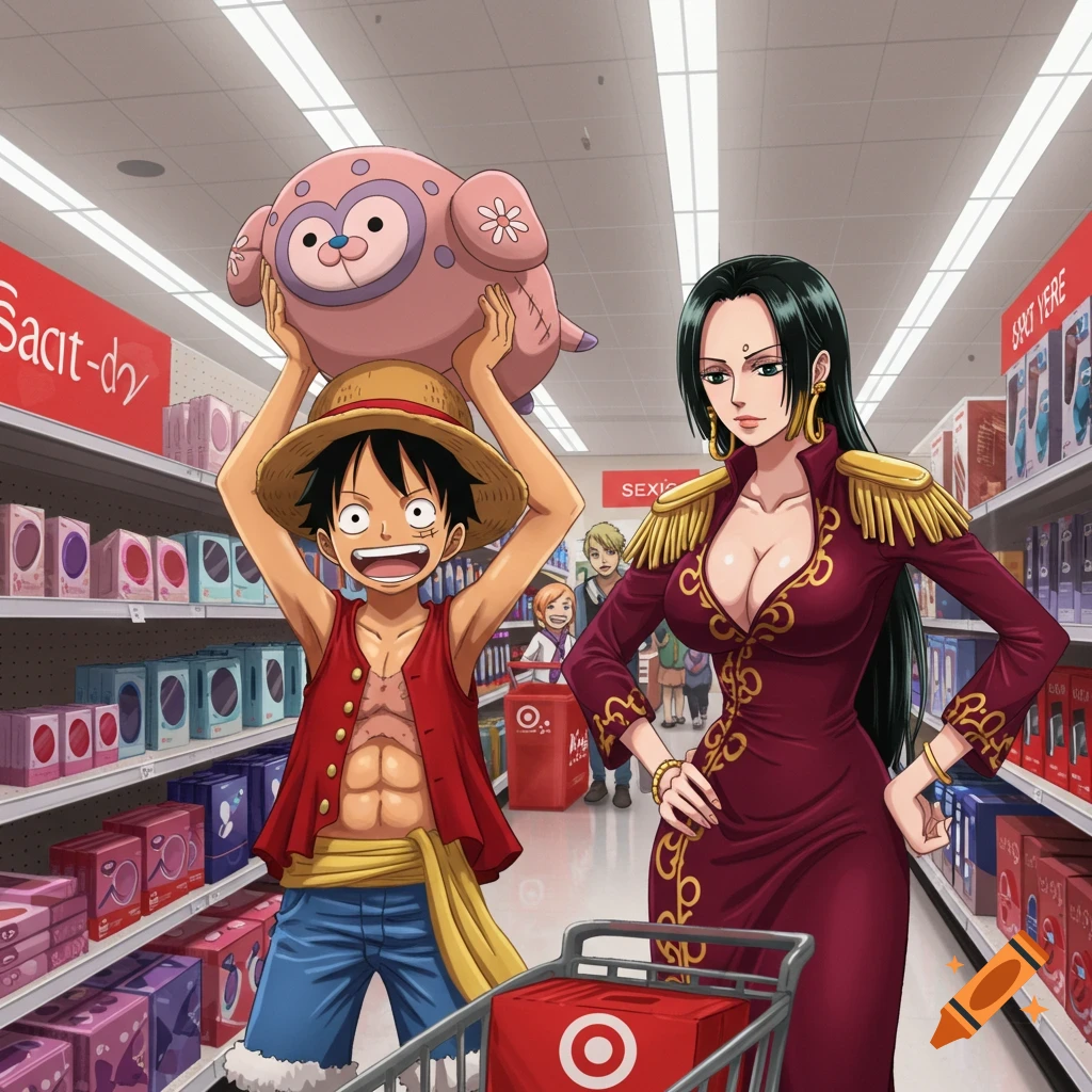 Anime depiction of Luffy holding a pink plushie over his head and Boa Hancock standing in a supermarket aisle with a shopping cart.