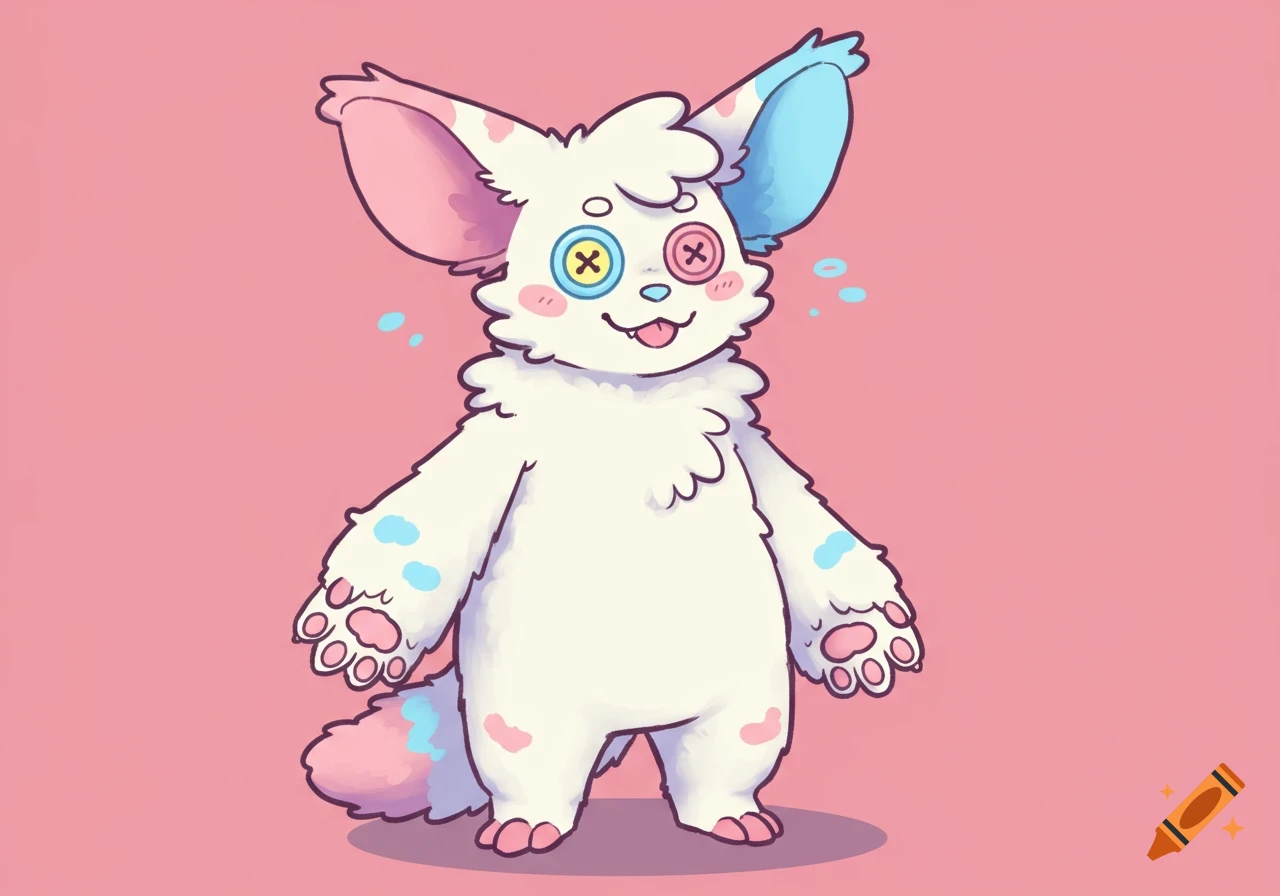 A fluffy white humanoid furry creature with large pink and blue ears, button eyes, and pink paws, standing on a pink background.