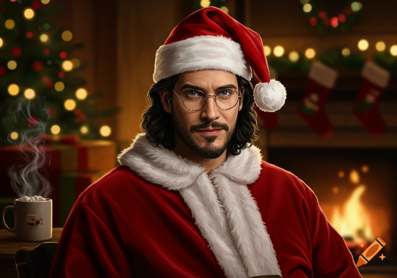 A man with long dark hair, a beard, and glasses dressed as Santa Claus, holding a steaming mug in a cozy room with a Christmas tree and fireplace.