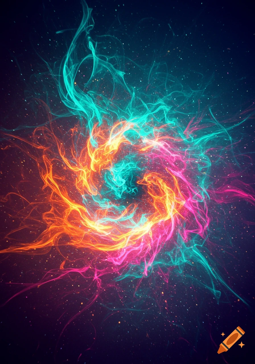 A vibrant abstract image featuring swirling light trails in shades of teal, orange, and pink against a dark, starry background.