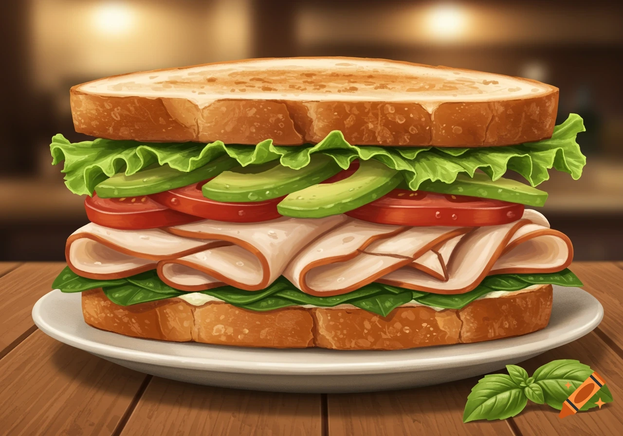 A large, appetizing sandwich with toasted bread, lettuce, avocado, tomato, and deli meat, on a white plate with a basil leaf beside it.
