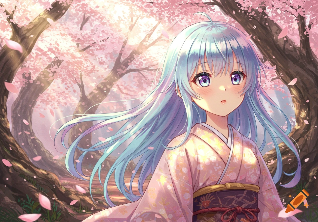 An anime girl with light blue hair and purple eyes wearing a pink kimono stands in a sunlit cherry blossom forest.