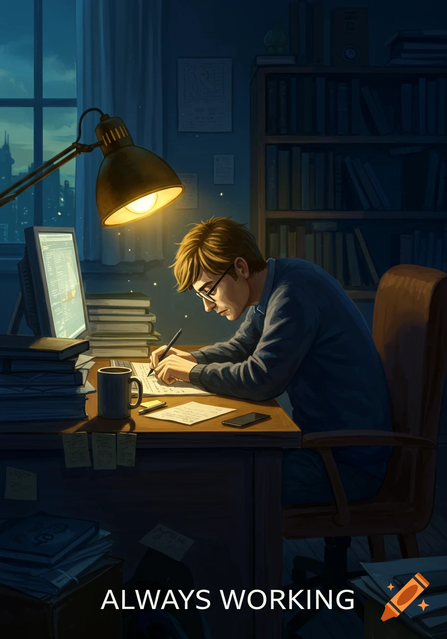 An illustrated scene of a person with glasses studying or working at a desk under a bright lamp at night, with a computer and books.