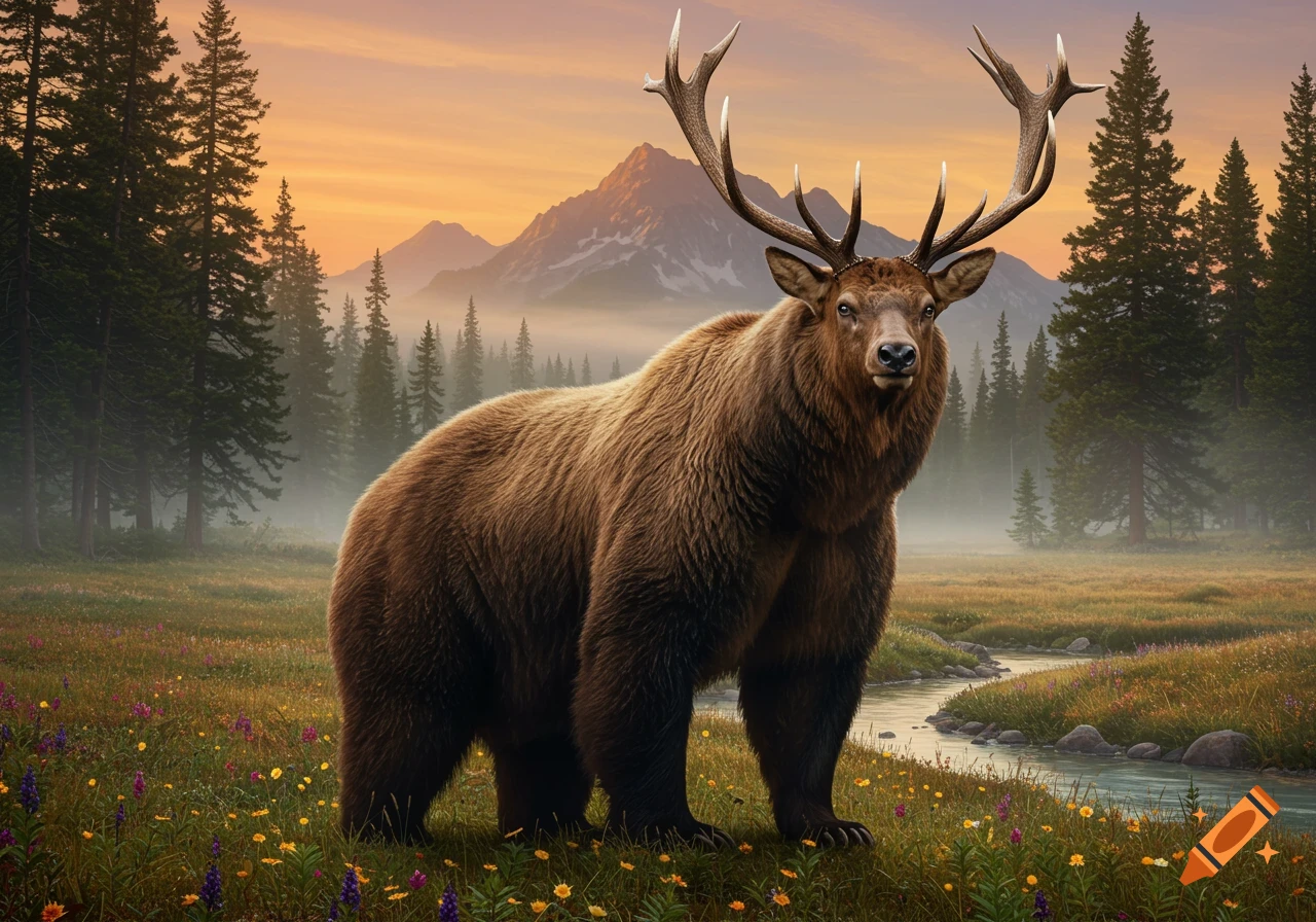 A bear-like creature with an elk's head and antlers stands in a mountain meadow at sunset.