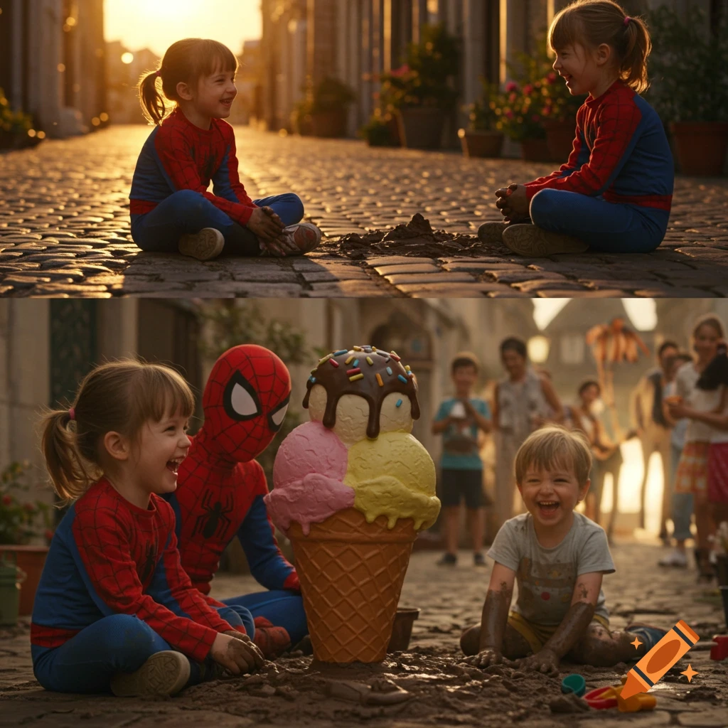 Two scenes: children in Spiderman costumes playing on a cobblestone street at sunset, and a boy with muddy hands laughing next to a giant ice cream cone.