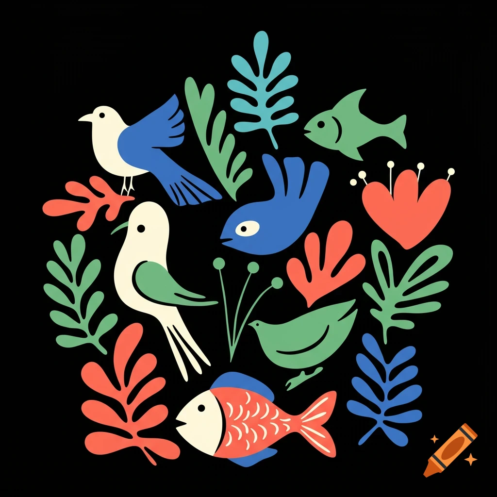 A colorful, minimalist, Matisse-style illustration of birds, fish, and various leaves and plants on a black background.