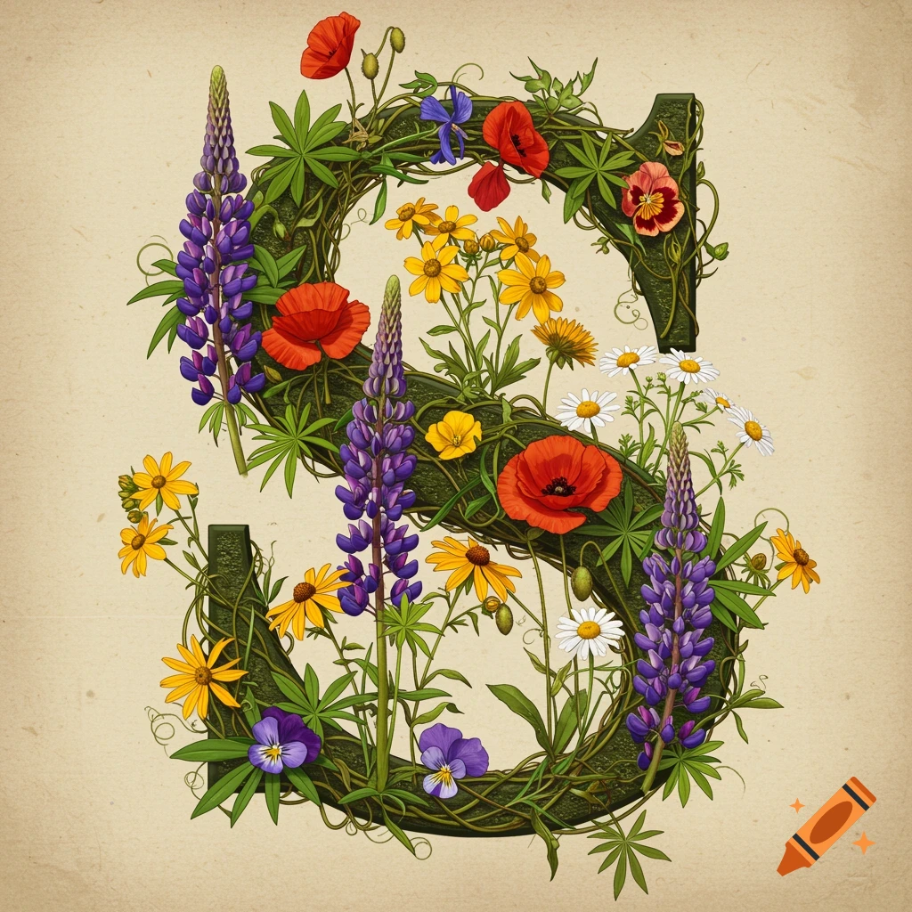 Capital letter S formed by green vines and vibrant flowers including poppies, lupines, daisies, and pansies, on a vintage background.