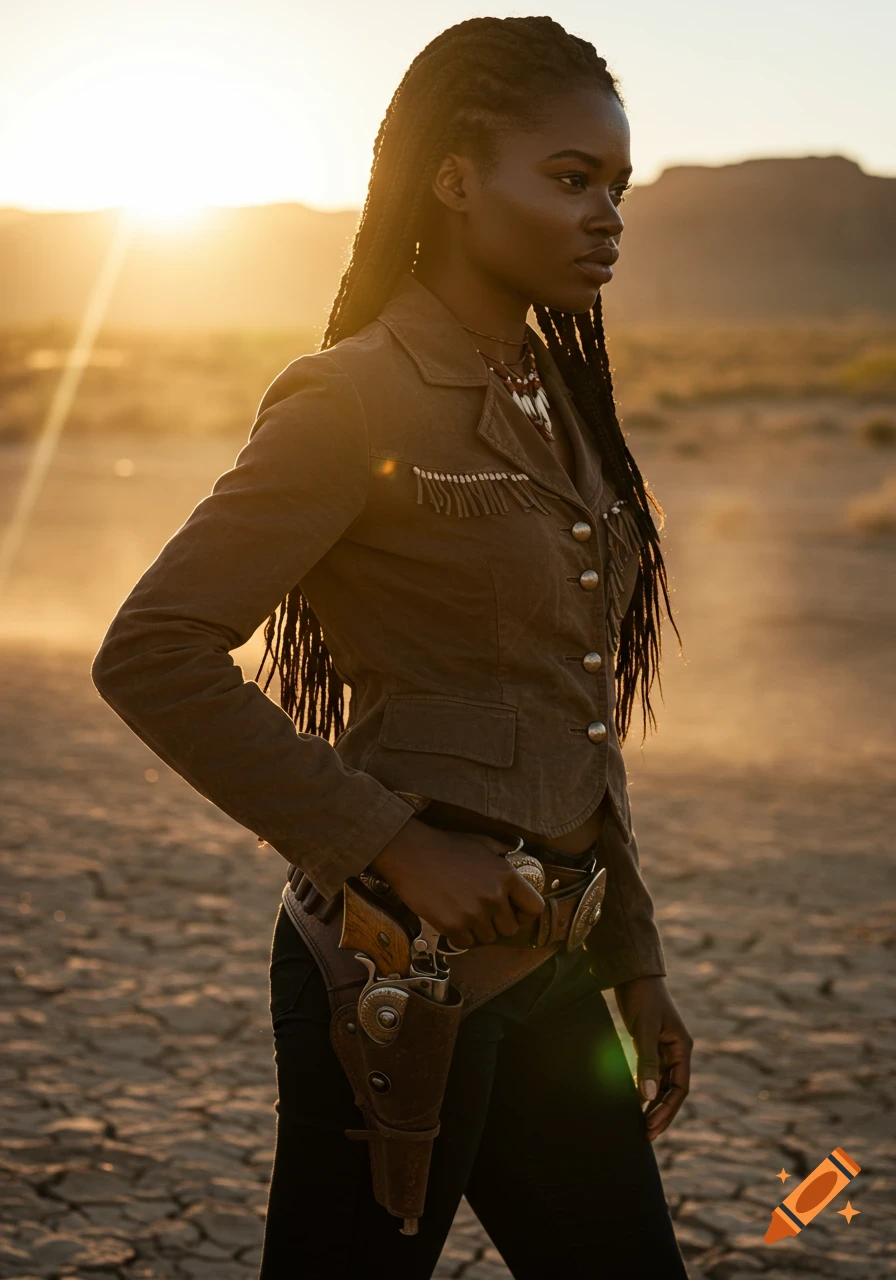 Photorealistic portrait of a Black woman gunslinger in a brown jacket with a holstered revolver in a desert at sunset.