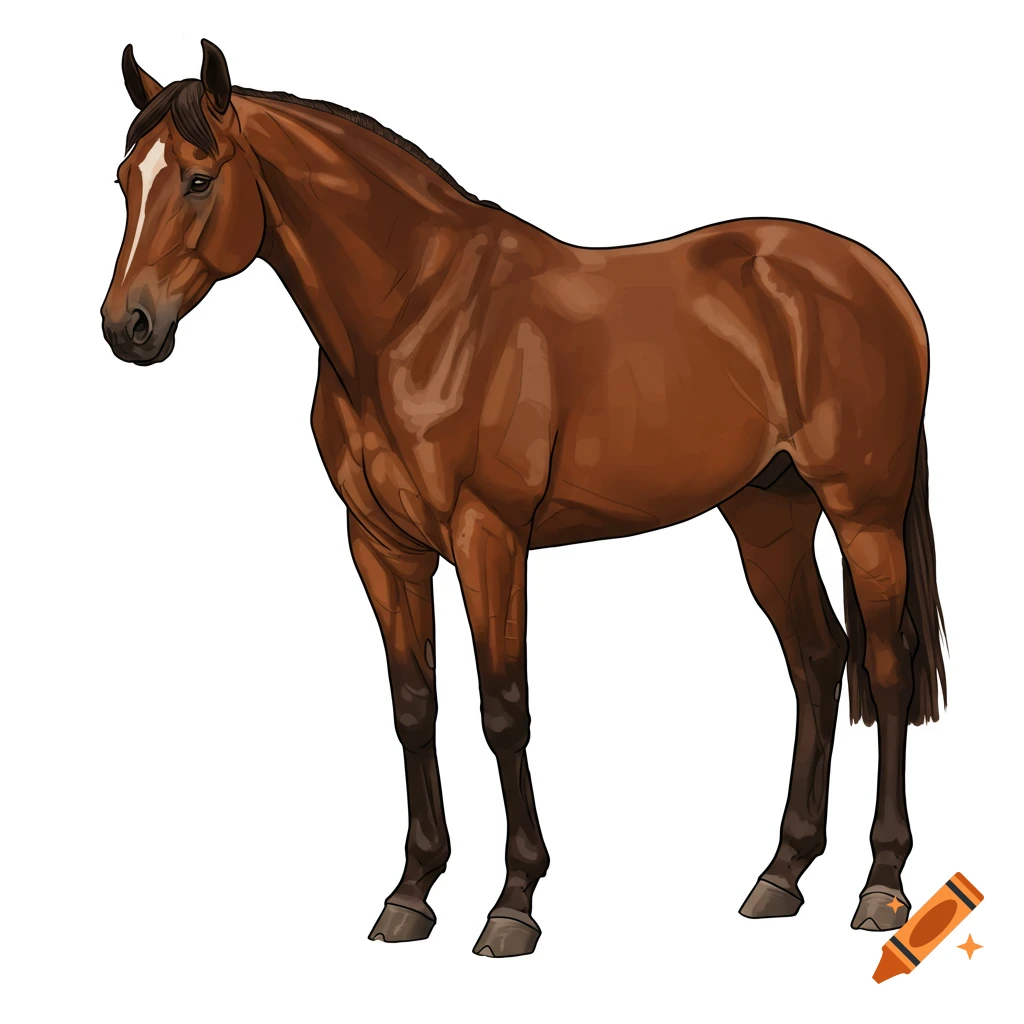 An illustration of a brown horse with a white stripe on its face, standing on a white background.