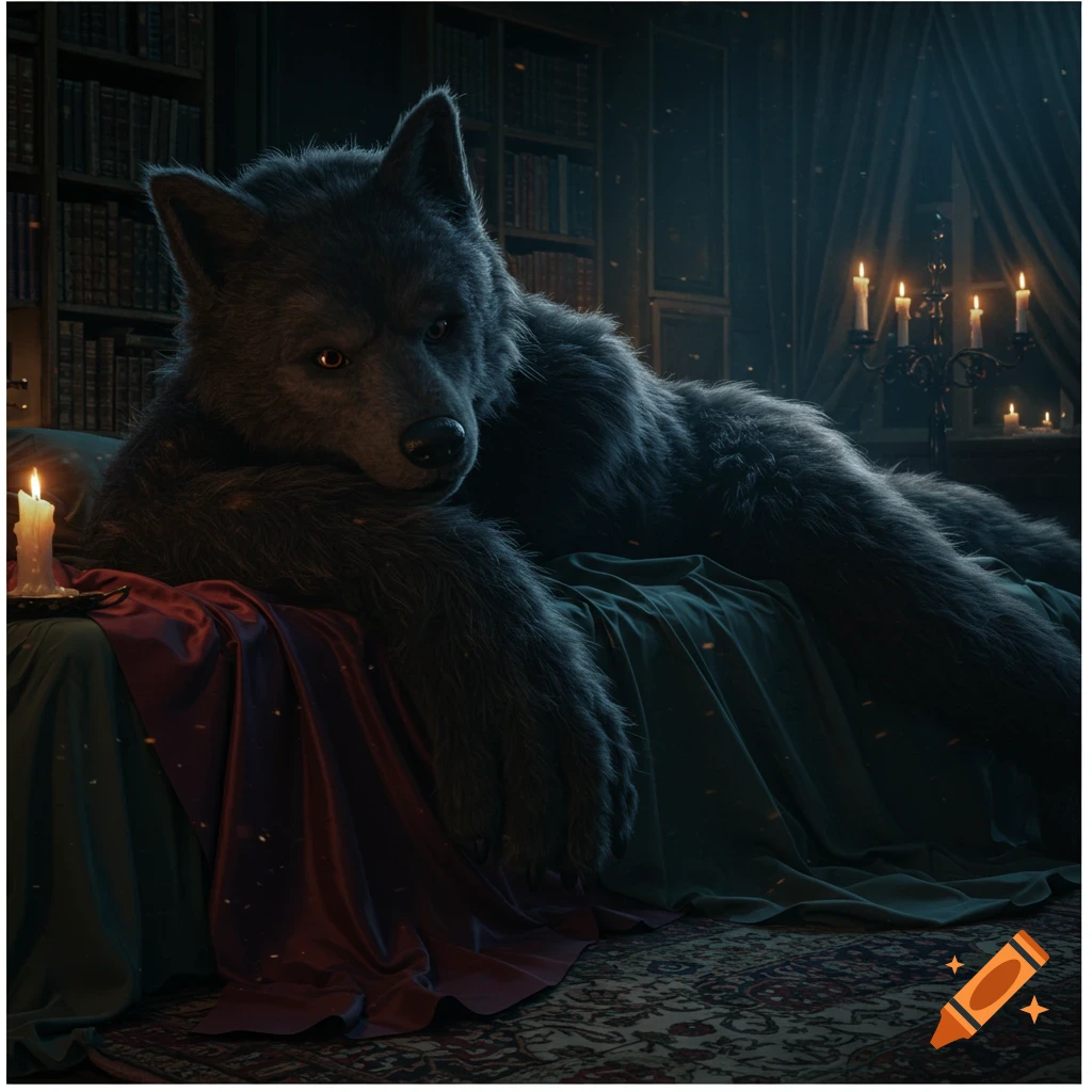 A large, dark-furred werewolf creature lies on a bed in a dimly lit, candlelit room with bookshelves.