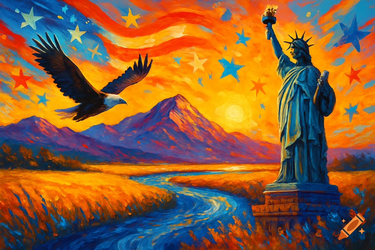 Painterly image of a bald eagle and Statue of Liberty over an American-themed landscape with a river and mountains at sunset.