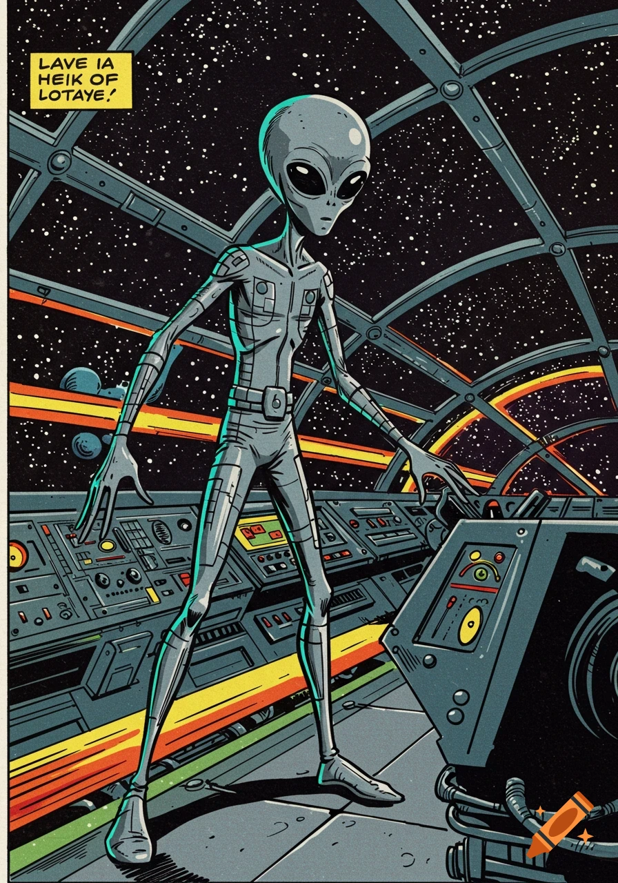 A gray alien stands in a detailed spaceship cockpit with stars visible through the windows, in a retro-futuristic comic book style.