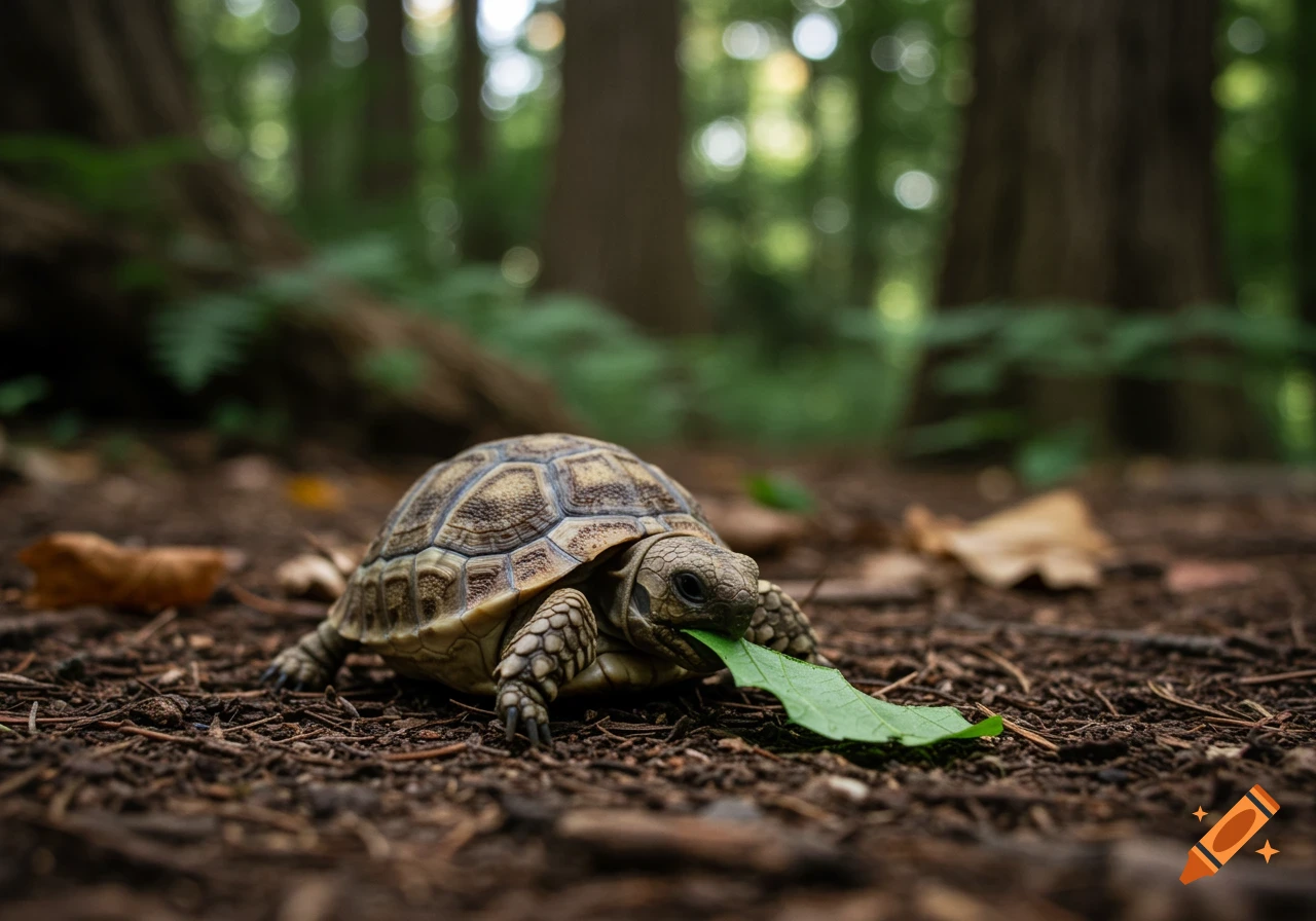 A baby tortoise in a forest eats a green leaf, with blurred trees in the background, photorealistic style.