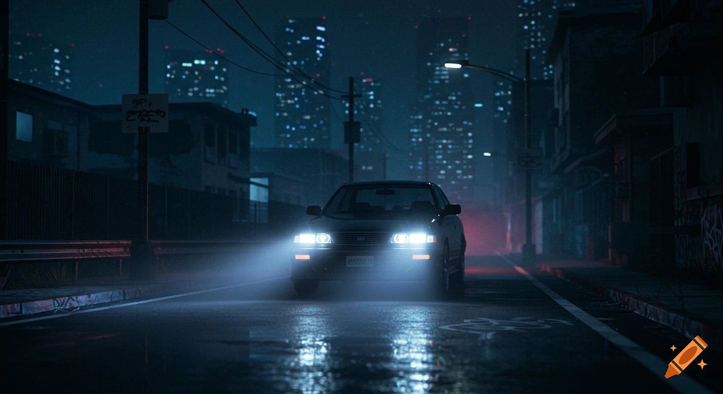 A black car with bright headlights drives on a wet, dark city street at night, with reflections on the asphalt and blurred city lights in the background.