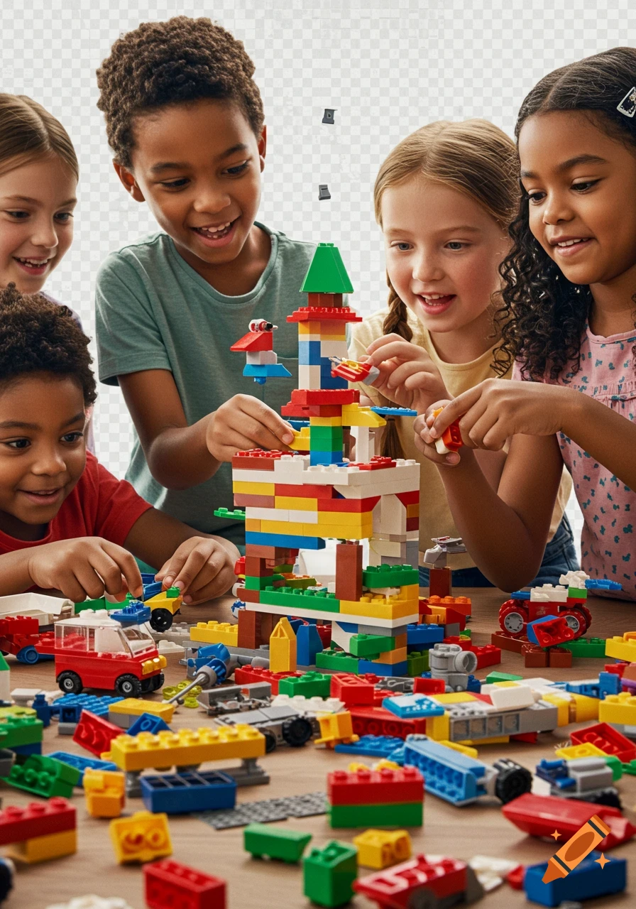 Diverse children joyfully playing with colorful Lego bricks, building a tall structure on a wooden table.