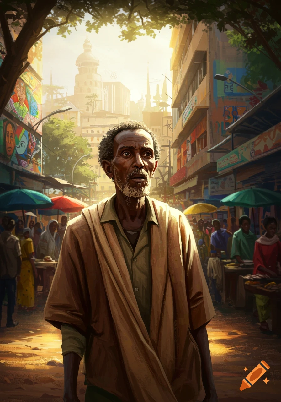A bewildered Ethiopian man in a traditional wrap stands in a bustling, sunny Addis Ababa street market.