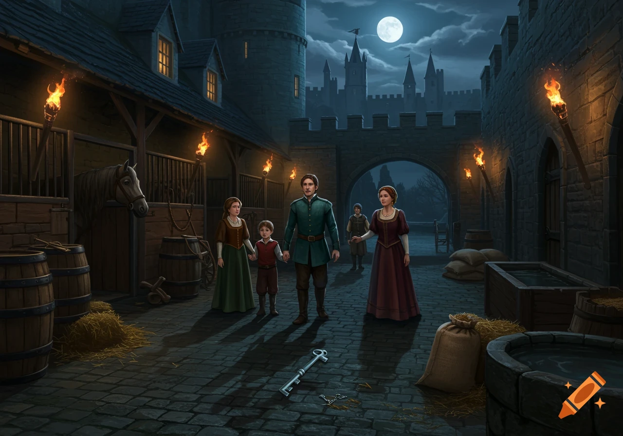A family in medieval attire walks through a moonlit castle courtyard with stables, barrels, and sacks. A large silver key lies on the cobbled ground.