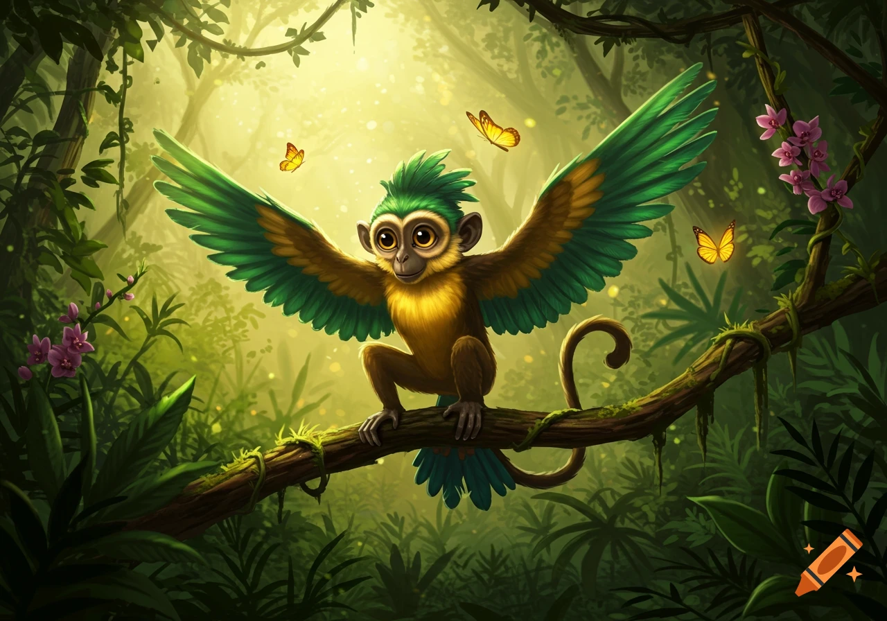 A cute, cartoon-style monkey with green and yellow wings sits on a tree branch in a vibrant jungle, surrounded by butterflies and glowing light.