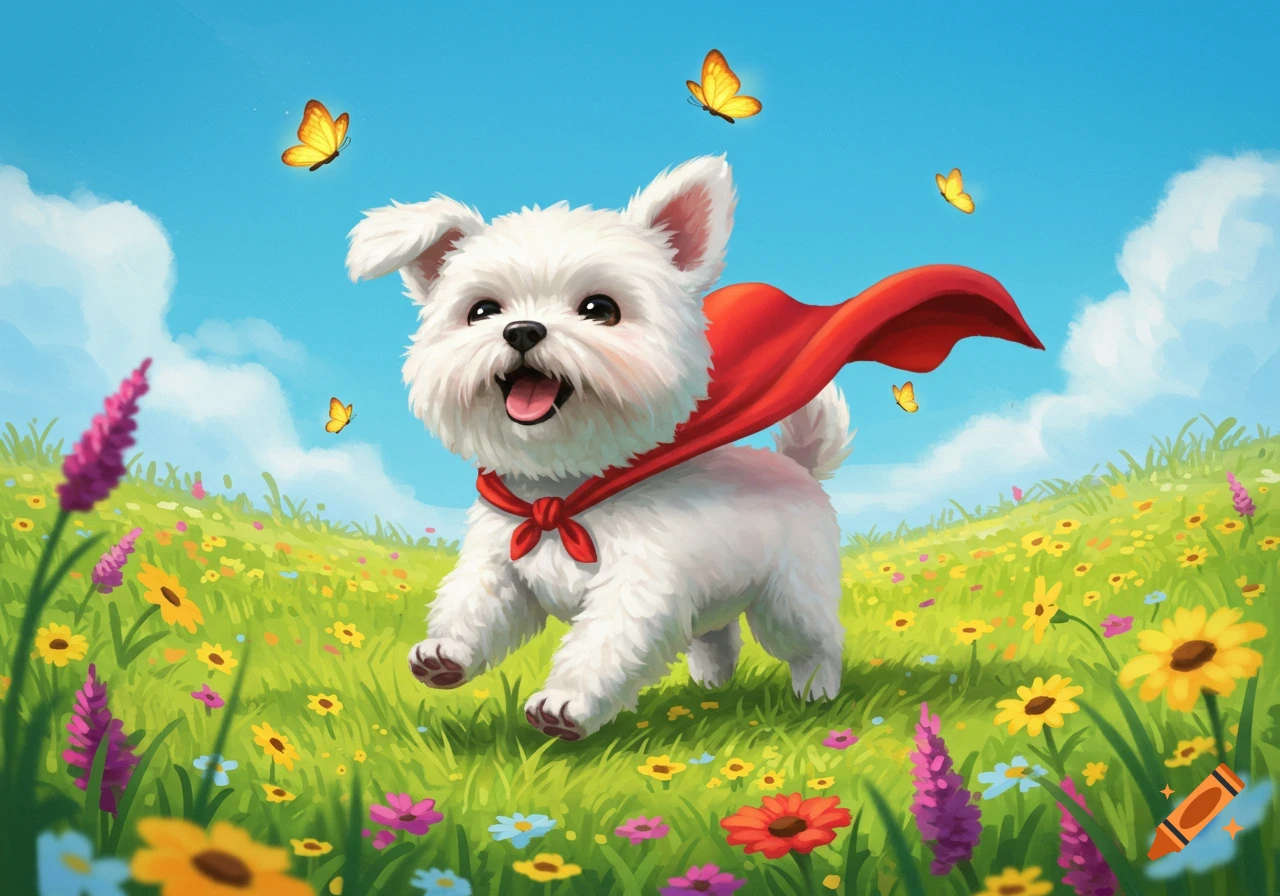 A happy white fluffy dog with a red cape runs through a colorful flower field with butterflies in an animated style.