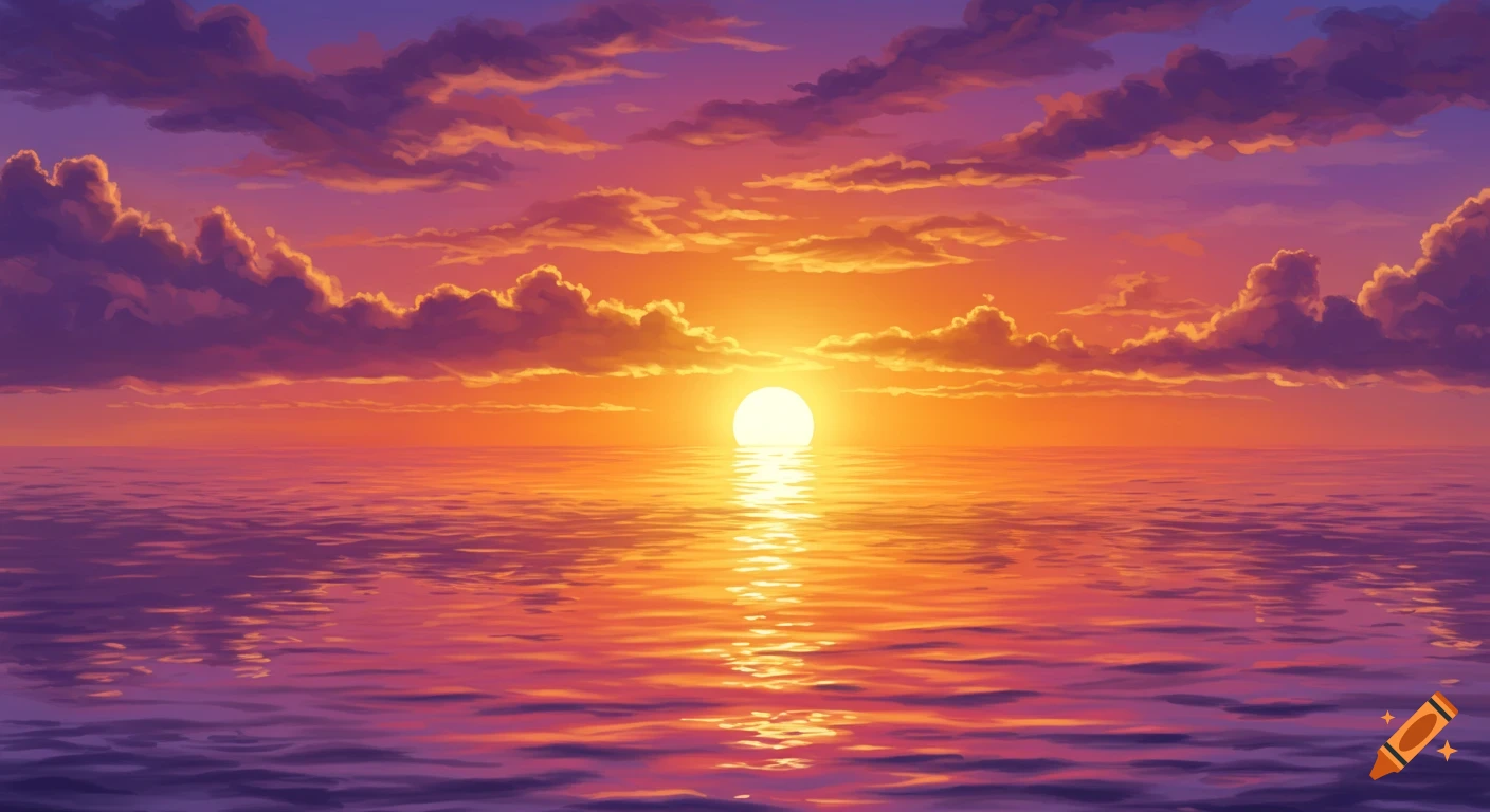 A vibrant sunset over calm water, with the sun reflecting on the surface under a sky filled with purple and orange clouds.