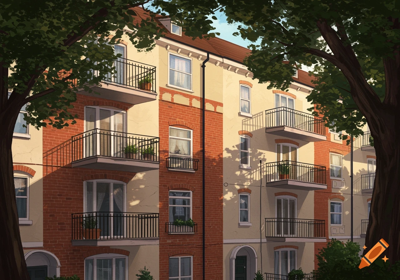 Illustrative view of a red brick and rendered apartment building with balconies, framed by dark green trees under a blue sky.