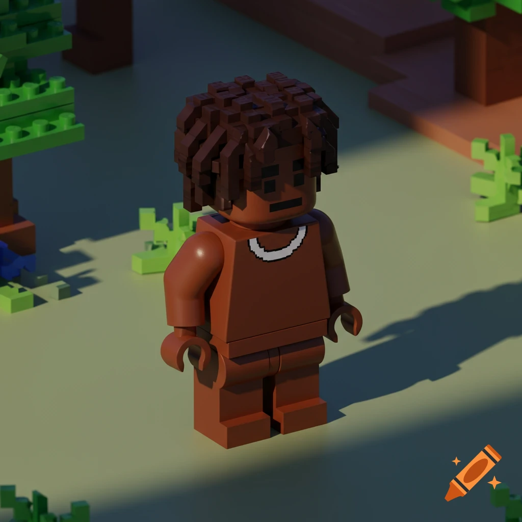 A brown Lego minifigure with dreadlocks and a white necklace stands in a blocky green landscape with trees.