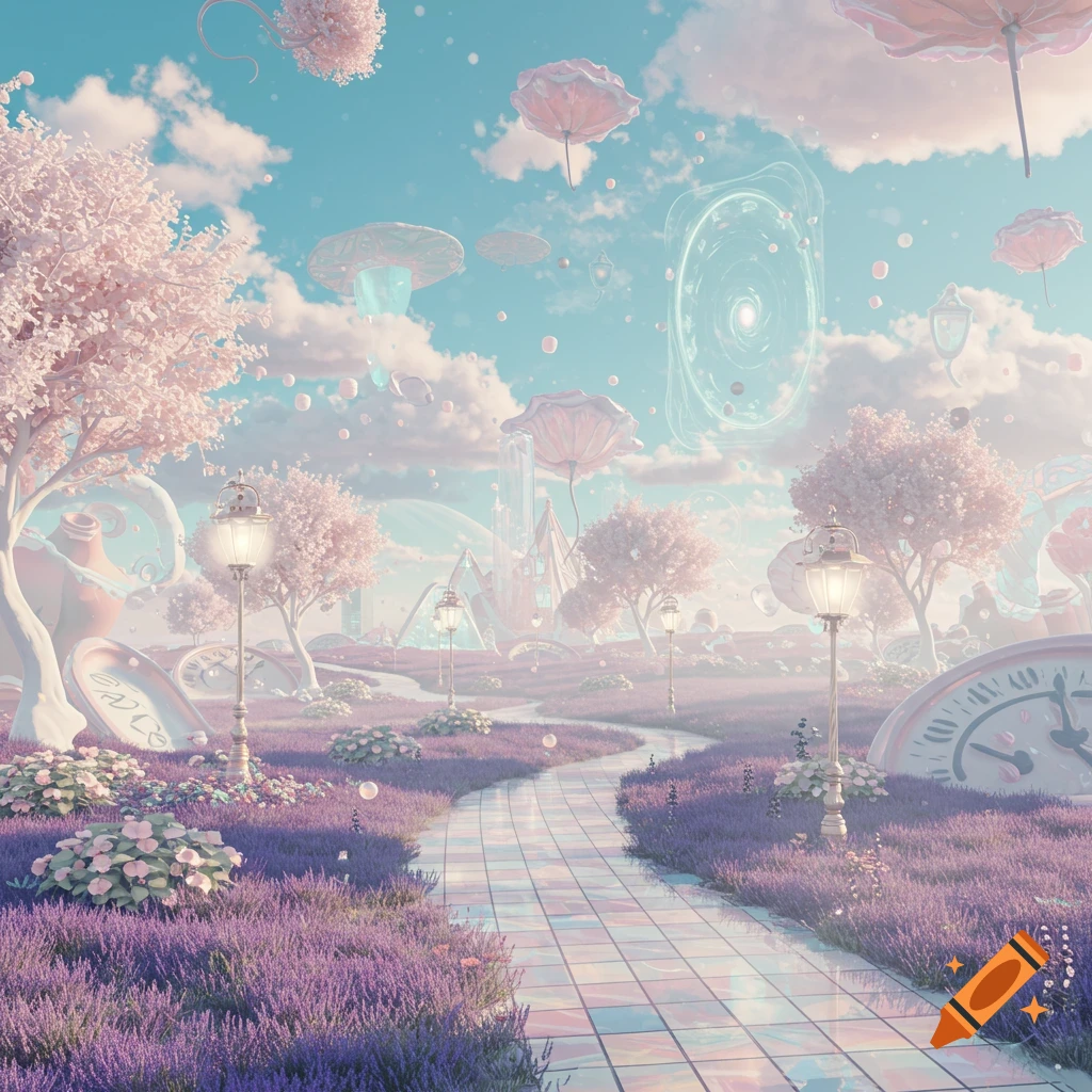A dreamy landscape with pastel pink cherry blossom trees, glowing street lamps, and purple lavender fields under a light blue sky with fluffy clouds. Giant clock faces and floating whimsical elements add to the surreal atmosphere.