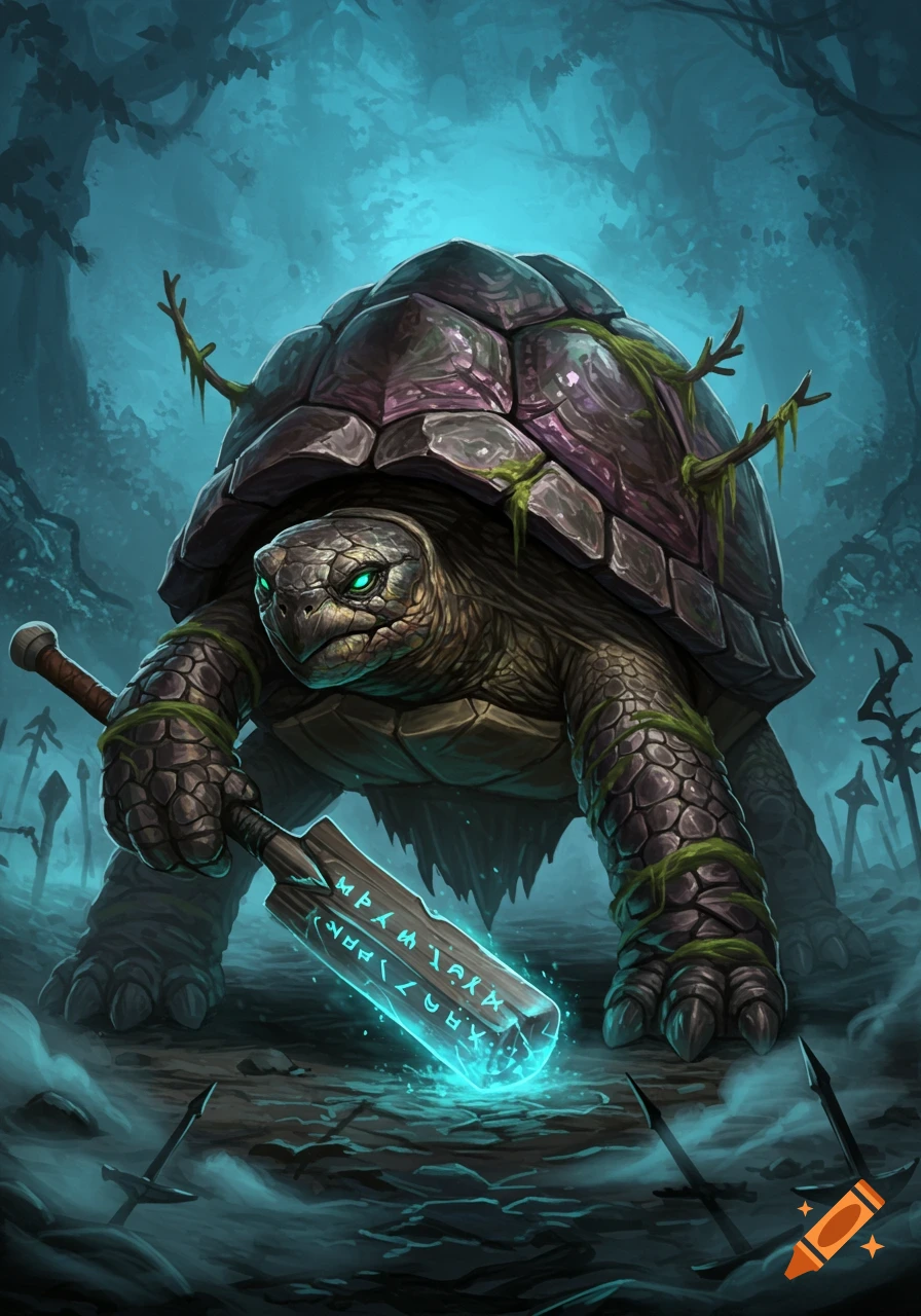 A majestic, armored fantasy tortoise with glowing green eyes holds a glowing runic bat in a dark, misty forest.